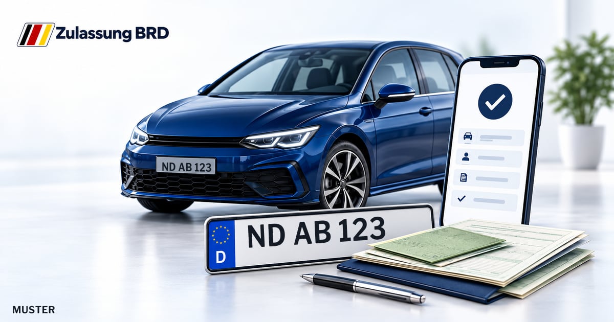 Online Fahrzeugzulassung in Schrobenhausen: Musterkennzeichen ND AB 123, Auto und Fahrzeugpapiere und Smartphone. Illustration mit Logo von Zulassung BRD.